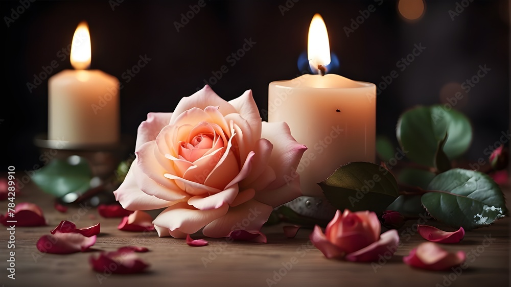 {A photorealistic image depicting a close-up view of a delicate rose next to a burning candle. The focus should be on capturing the intricate details of the rose petals, the flame of the candle, and t {A photorealistic image depicting a close-up view of a delicate rose next to a burning candle. The focus should be on capturing the intricate details of the rose petals, the flame of the candle, and t