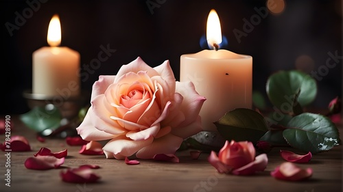 {A photorealistic image depicting a close-up view of a delicate rose next to a burning candle. The focus should be on capturing the intricate details of the rose petals, the flame of the candle, and t