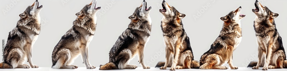 Fototapeta premium Set of grey wolf in different poses, sitting and howling on white background. A wolf family, adult grey wolves standing in different poses and howling at the sky.