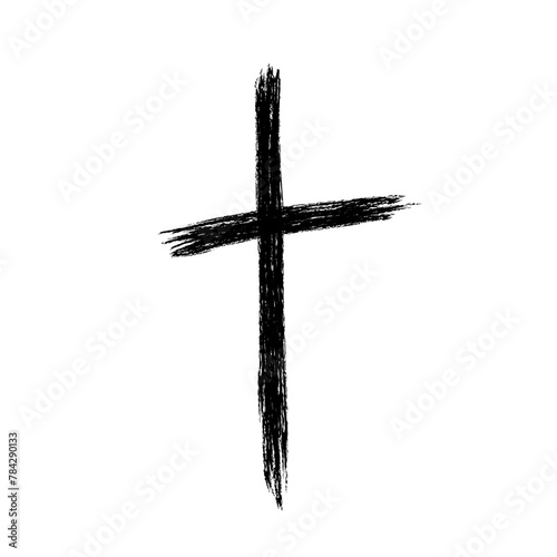 Grunge Christian Church cross. Hand drawn Catholic cross. Sketch black religious crucifix symbol. Vector illustration isolated on white background. © Elena Pimukova