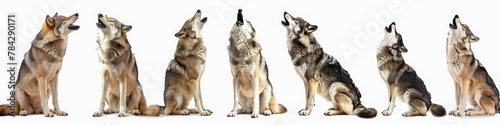 Set of grey wolf in different poses, sitting and howling on white background. A wolf family, adult grey wolves standing in different poses and howling at the sky. © Sabina Gahramanova