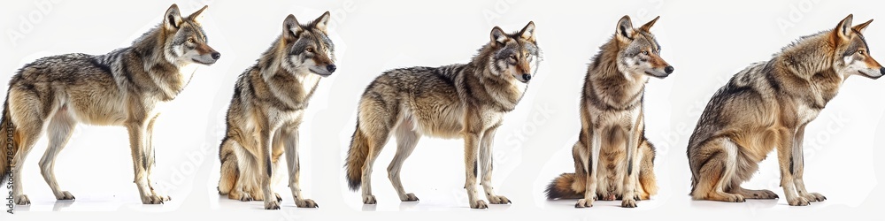 Set of grey wolf in different poses, sitting and howling on white background. A wolf family, adult grey wolves standing in different poses and howling at the sky. Set of grey wolf in different poses, sitting and howling on white background. A wolf family, adult grey wolves standing in different poses and howling at the sky.
