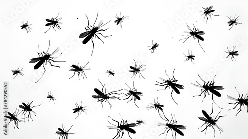 A flock of flying mosquitoes. Silhouette graphic image, generative ai © Neelam