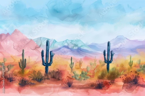 Beautiful landscape with a desert with a cacti. Watercolor illustration. AI generative photo