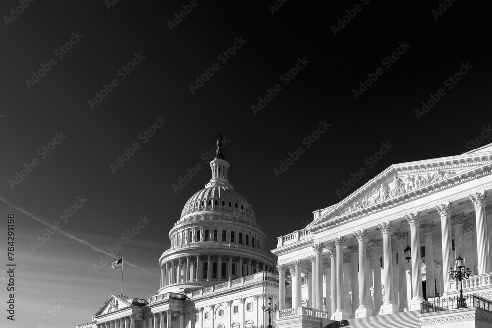 United State Capitol Building in monochrome with clear sky, Washington DC