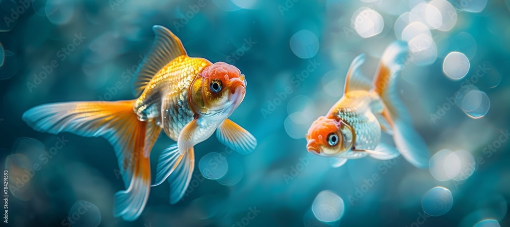 Two goldfish swimming in the water, as if in a fish tank, with a closeup shot. Two goldfish swimming in the water, as if in a fish tank, with a closeup shot.