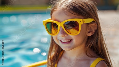 A little girl wearing yellow sunglasses lounging by the pool in summer