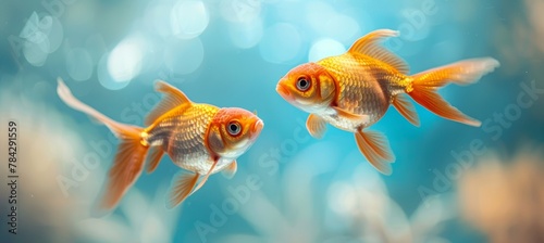 Two goldfish swimming in the water, as if in a fish tank, with a closeup shot.