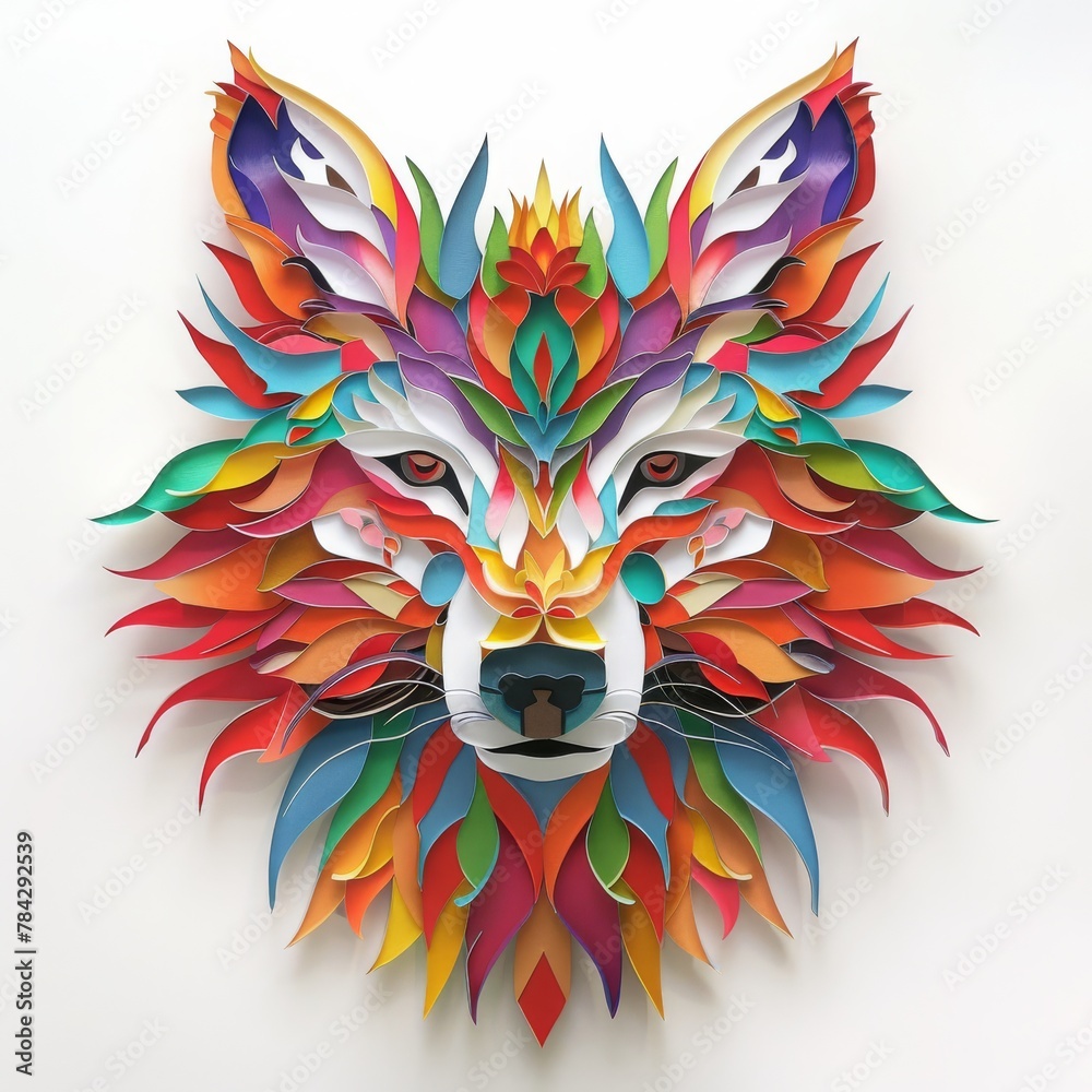 Fototapeta premium fox, wolf, head, paper illustration, multi dimensional colorful paper cut craft 