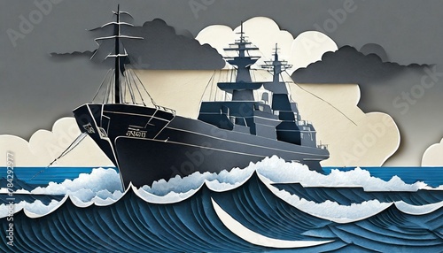 a striking paper cutout illustration of an ocean landscape with stormy clouds and a formidable long-endurance warship navy ship, accentuating the dramatic contrast against a cloudy background
