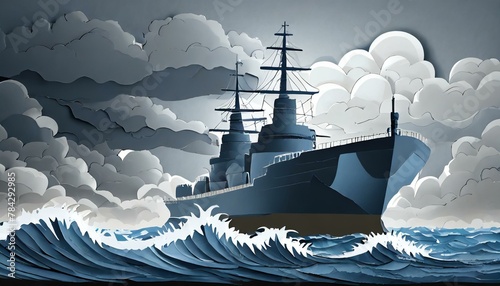 a striking paper cutout illustration of an ocean landscape with stormy clouds and a formidable long-endurance warship navy ship, accentuating the dramatic contrast against a cloudy background