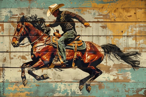 A painting of a cowboy riding a horse