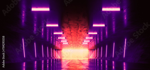 Neon Sci Fi Futuristic Neon Fluorescent Purple Tube Lights Glowing Cyber Tunnel Corridor Grunge Glossy Concrete Cement Room Studio Showcase Laser Electric Dark Background 3D Rendering
