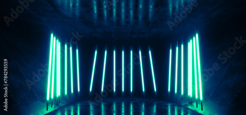 Fototapeta Naklejka Na Ścianę i Meble -  Neon Sci Fi Futuristic Neon Fluorescent Tube Lights Glowing Cyber Tunnel Corridor Grunge Glossy Concrete Cement Room Studio Showcase Laser Electric Dark Background 3D Rendering