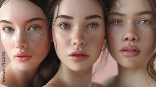 Three beauty female multi ethnic diversity skin healthy models friends © Montalumirock