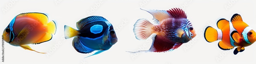 Discus Banner 4 different tropical fish, clownfish and discus on a white background ...