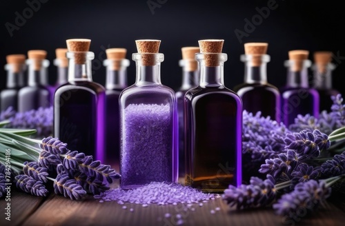 Lavender Oil In Bottle ,Bottle Of Liquid,Bottle Of Essential Oil With Fresh Flowering Lavender Sprigs