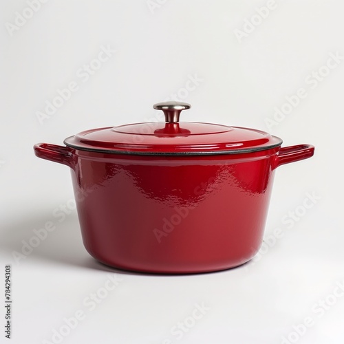 A shiny red enameled cast iron Dutch oven on a white background, with a lid.