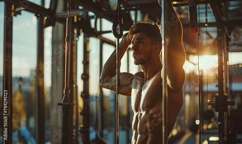 fit handsome muscular man working out at the gym strength exercise  photo