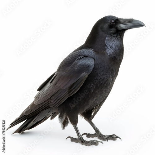 A detailed profile view of a black raven standing isolated on a white background, symbolizing mystery and intelligence. photo