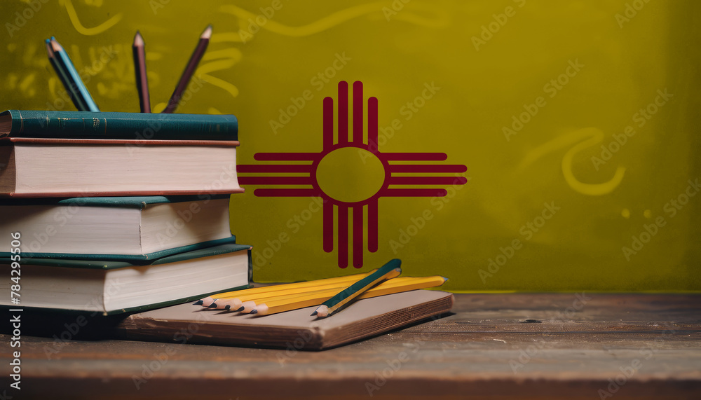 Books and pencils in classroom on the background of the New Mexico flag. Concept of education, back to school