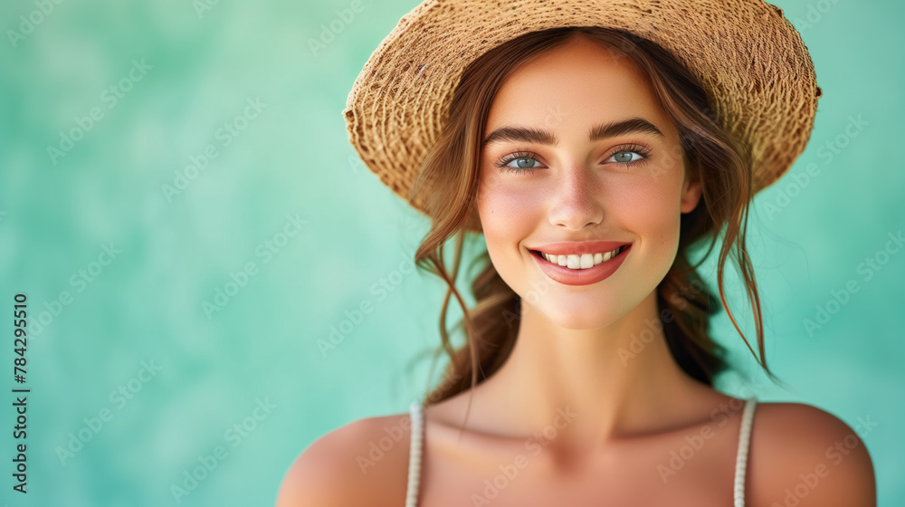 Radiant young woman in a straw hat with a joyful smile on a summery day.