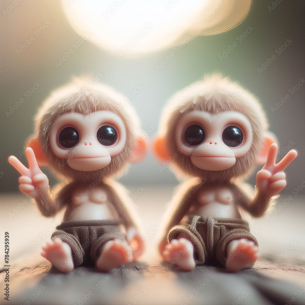 Fototapeta premium Two cute monkey figurines making peace signs, with a soft-focus background.. AI Generation