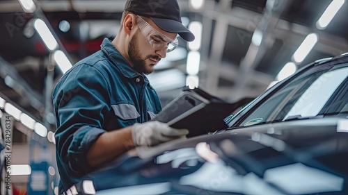 Automobile repair facility mechanic inspecting