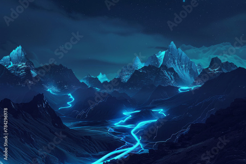 Mountains with glowing blue lines © grey
