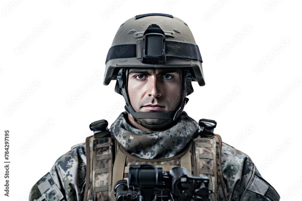 A soldier clad in military fatigues stands ready with a rifle, Isolated on transparent background. A soldier clad in military fatigues stands ready with a rifle, Isolated on transparent background.