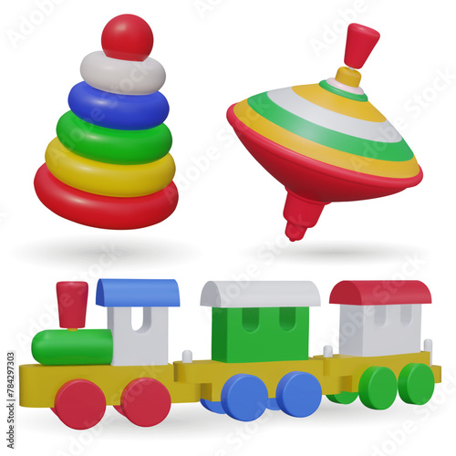 Set of retro kinds Toys. Colored rotated games for kids gyroscope twirl, train, locomotive on rails, pyramid. 3d Vector illustration. Most classic toys in the past.