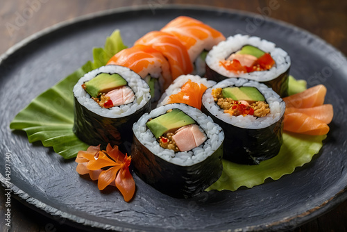 fresh sushi gourmet with black stone plate shiny, salad green leaf and wasabi, with dark ambient background