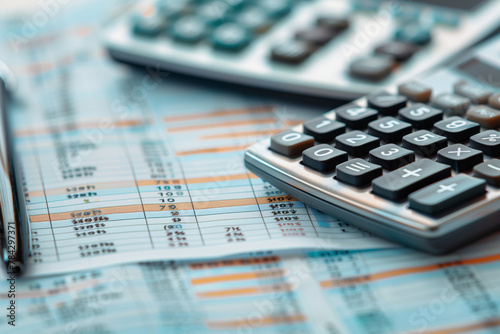 A calculator and financial charts on the table