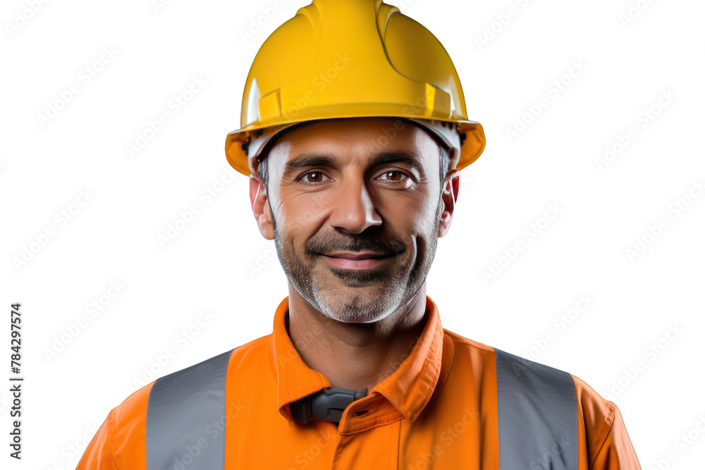 Worker in orange hard hat at construction site, Isolated on transparent background. Worker in orange hard hat at construction site, Isolated on transparent background.