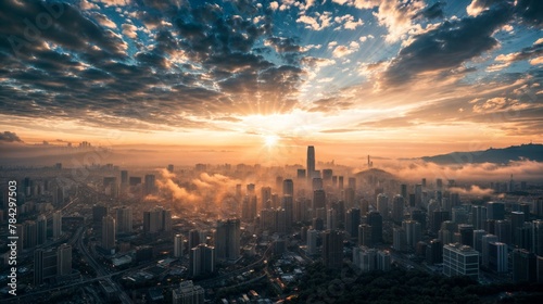 Beautiful aerial view of the city at sunrise