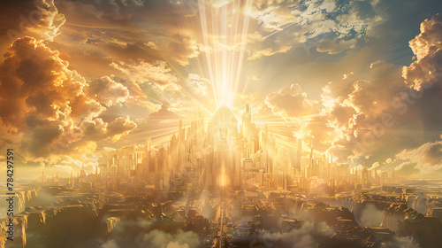 The holy city descending from the heavens, depicted with futuristic architecture and radiant with divine light, set against a backdrop of a new heaven and a new earth, with copy space photo