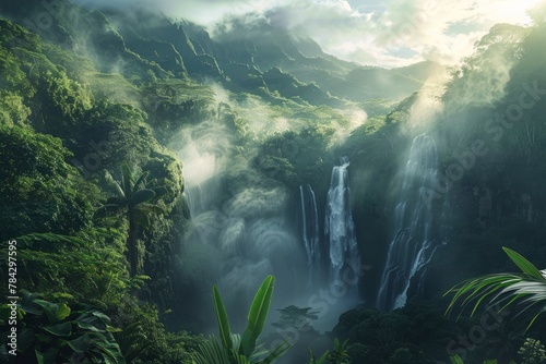 Ethereal Landscape of Waterfall in Misty Tropical Forest