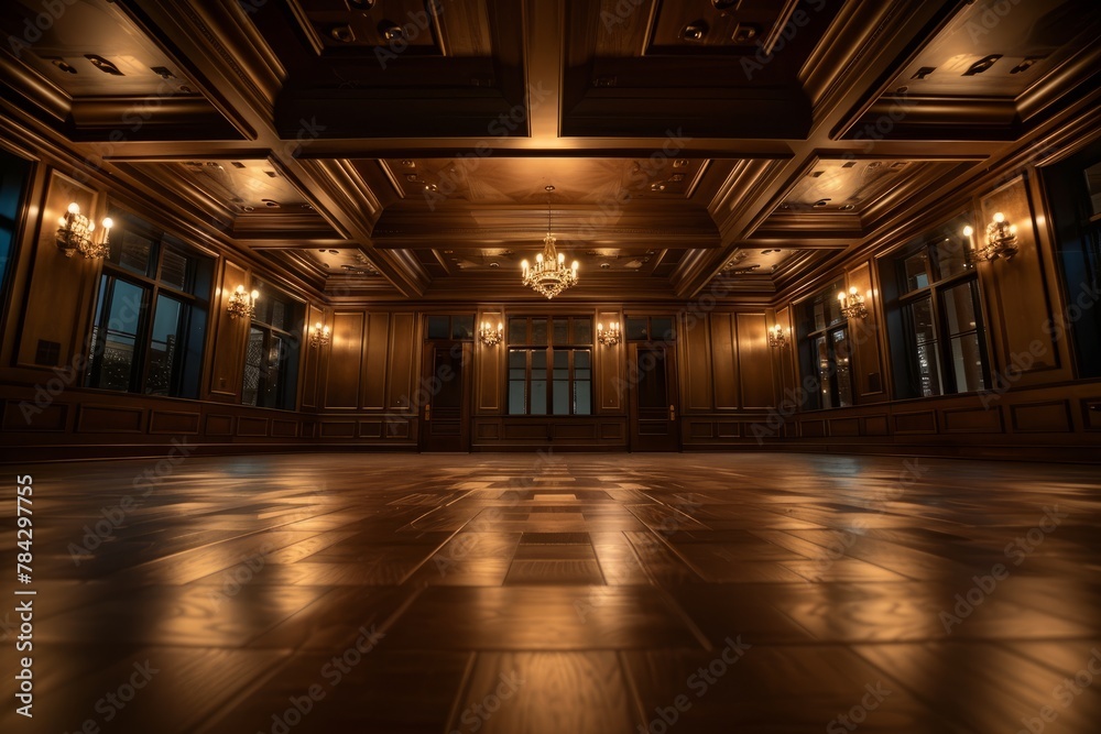 Opulent Chandelier in a Luxurious Dark Paneled Room