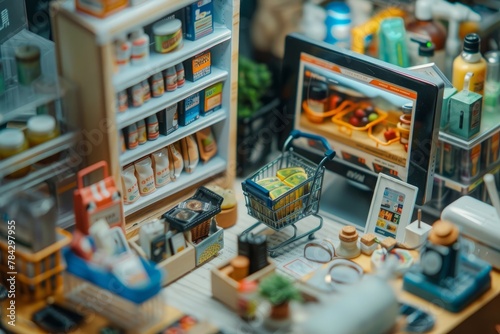 Tiny Shopper with Cart in Scaled-Down Grocery Store