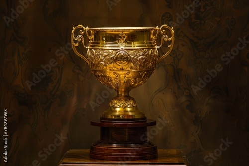 Elegant Golden Trophy Cup on Stone Pedestal