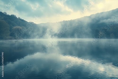 lake shrouded in swirling smoke with mist rising from the waters