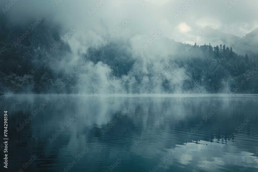 serene lake shrouded in swirling smoke with mist rising from the waters
