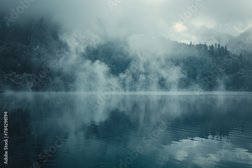 serene lake shrouded in swirling smoke with mist rising from the waters