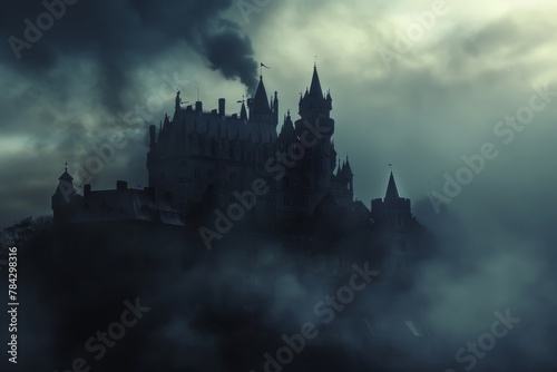 Medieval Fortress Shrouded in Morning Fog