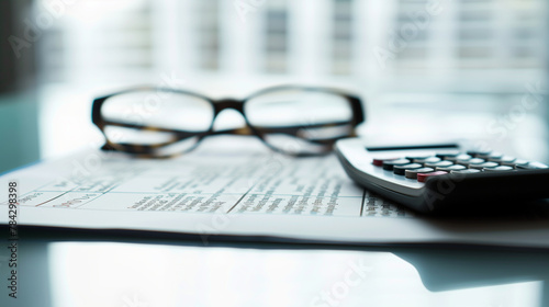 Glasses and a calculator on top of work papers with financial information, blurred background