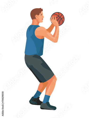 Basketball player in a blue jersey stands and holds the ball with both hands to make a set shot and shoot the into the hoop