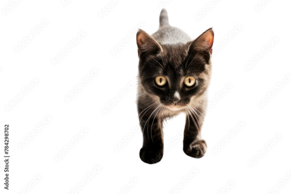 Little cat playing with his shadow, isolated on transparent background.