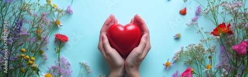 Embracing love and nature  hands cradling a heart among spring flowers. This enchanting image features hands tenderly holding a red heart  symbolizing love and care  against a vibrant backdrop of