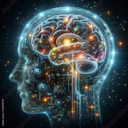 A detailed digital representation of a human brain interlaced with advanced circuitry and glowing neural connections.. AI Generation