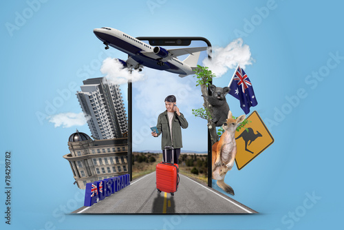 Canvas Print Mobile phone with airplanes, buildings, kangaroos and koalas on a blue background